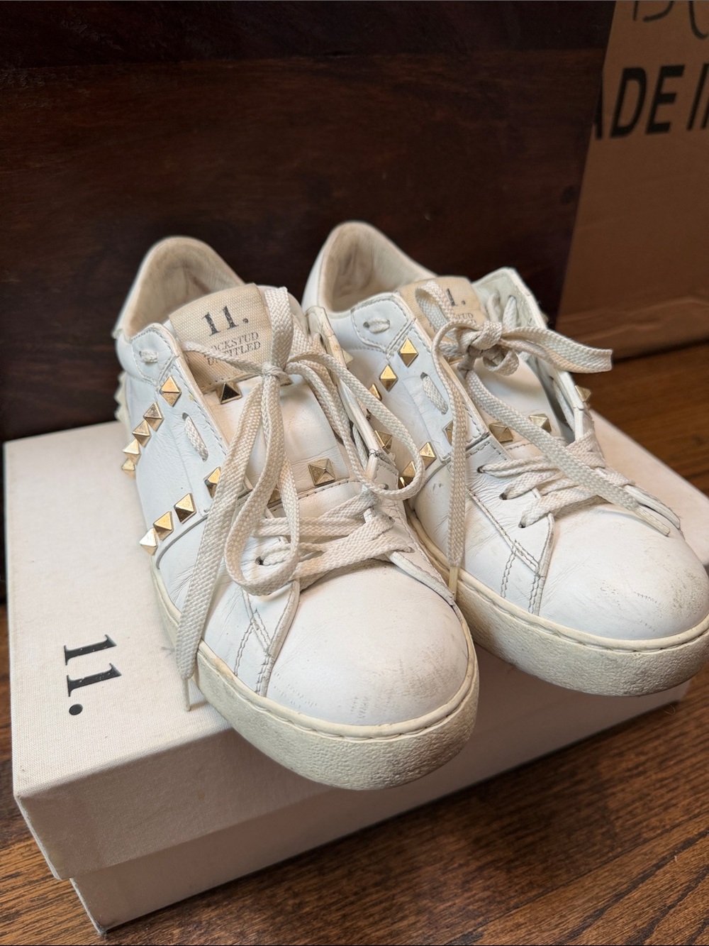 Valentino Garavani White Leather Rockstud Lace-Up Sneakers
